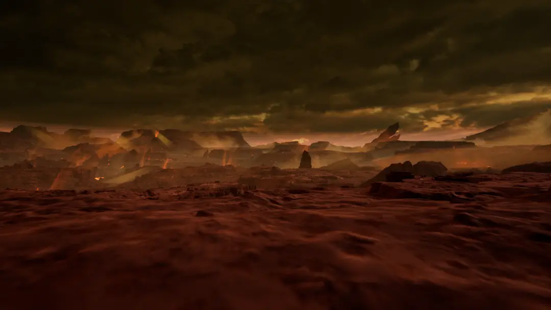 Cracked earth baking under a sky the colour of a hemorrhaging wound.