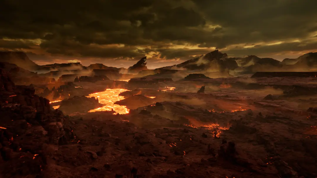 Fire everywhere, raining from the sky, tearing at the scorched shores or manifesting as blazing pillars raging across the plains.