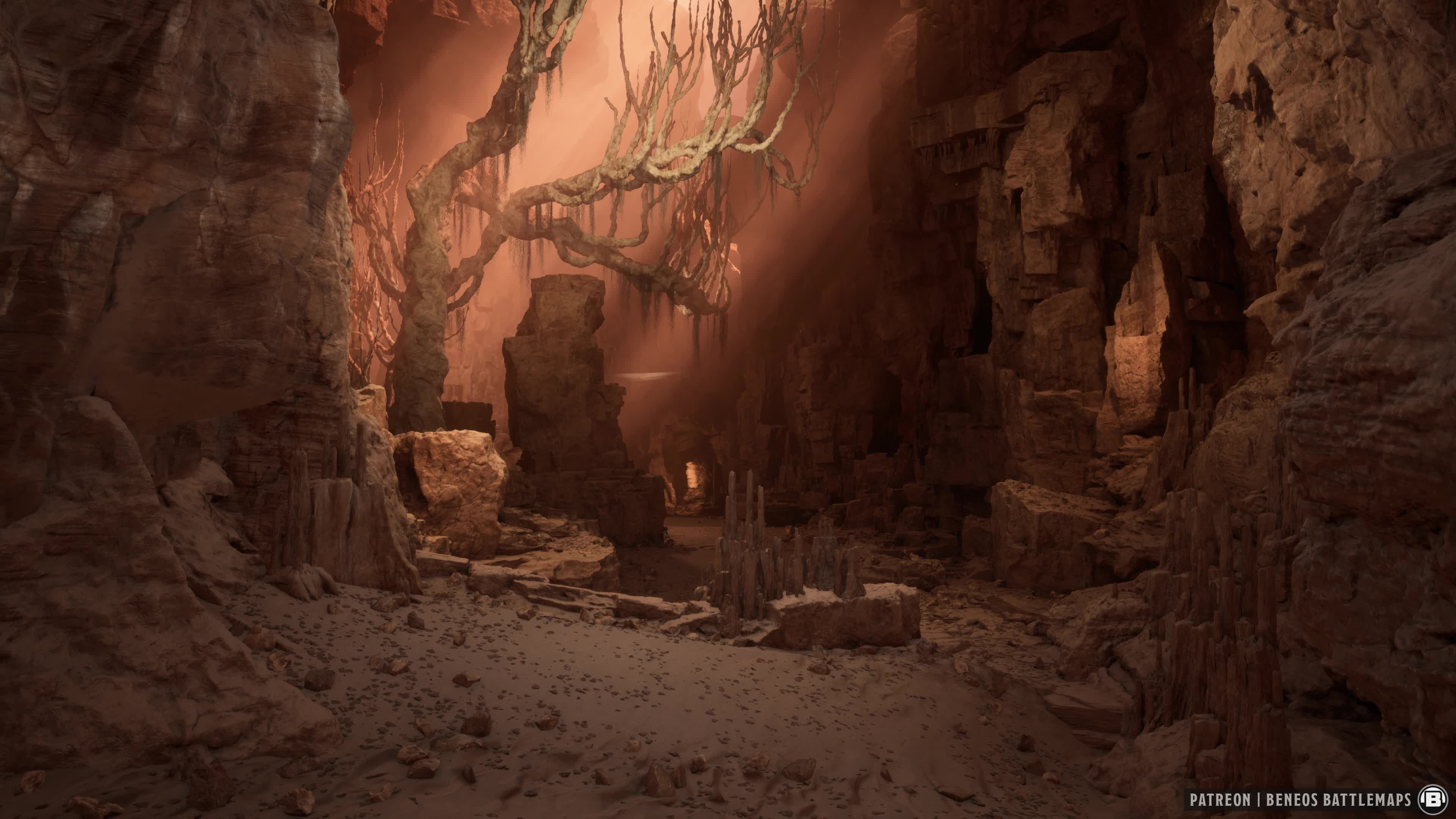 This gnarled tree at the center that basically begs for some kind of interaction. There are also some skeletons scattered about.
